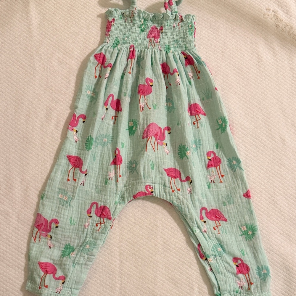 Angel Dear Mint Green Romper with Pink Flamingo Accents
